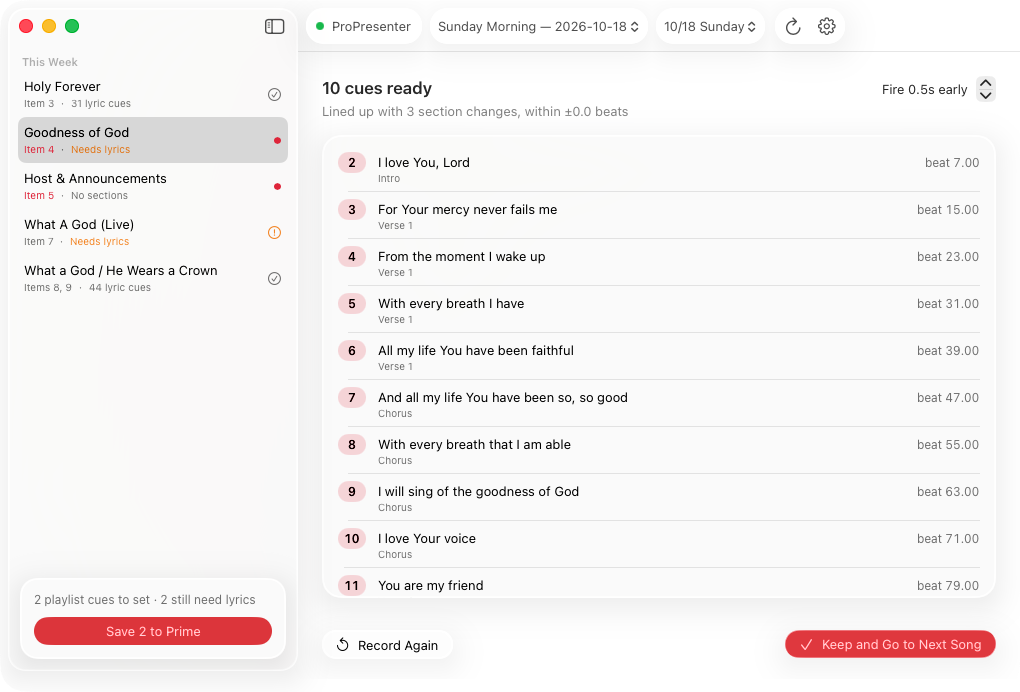 A list of ten recorded lyric cues, each with its slide text, section, and beat, with a Save to Prime button.